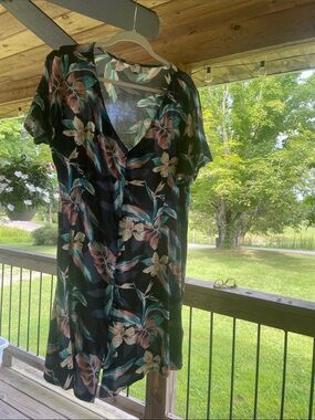 Roxy Black Floral Button-Front Summer Dress with Teal and Pink Accents